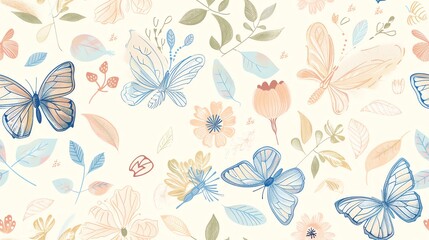 Hand-drawn butterflies, flowers, and leaves in soft pastel colors, seamless pattern