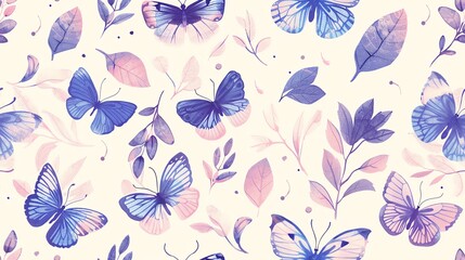 Hand-drawn pastel butterflies, flora, and leaves in a seamless pattern design