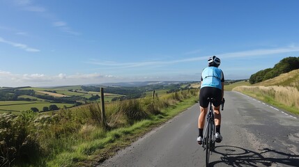 Fototapeta premium Cyclist on a scenic countryside road enjoying a sunny day and expansive landscape views, perfect for outdoor activities and travel.