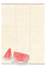 アナログの水彩で描いたスイカとすだれのフレームのベクターイラスト