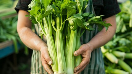 Fototapeta premium stalk farmer holding green celery and white leeks generative ai