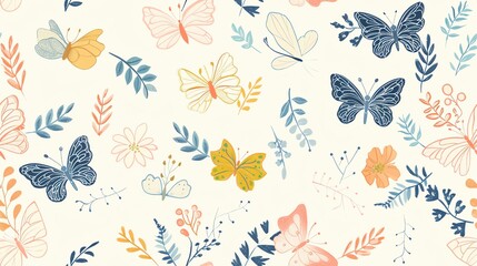 Seamless pastel pattern featuring hand-drawn butterflies, flowers, and leaves