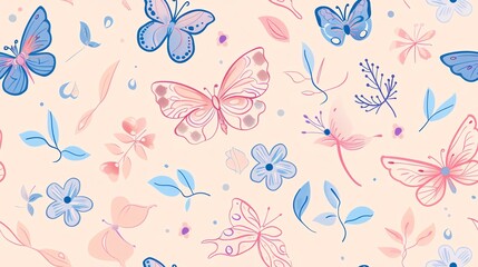Seamless pastel pattern featuring hand-drawn butterflies, flowers, and leaves