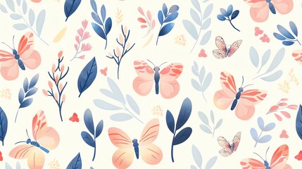 Soft pastel butterflies and leaves, hand-drawn seamless floral pattern with flora