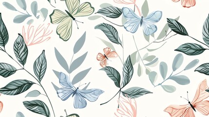 Soft pastel-colored butterflies and leaves, hand-drawn seamless floral pattern