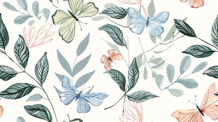 Fototapeta premium Soft pastel-colored butterflies and leaves, hand-drawn seamless floral pattern