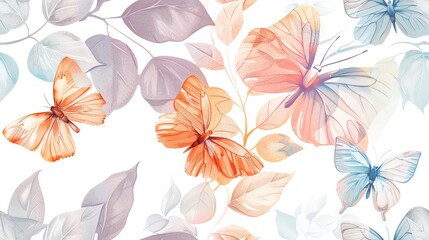 Soft pastel-colored butterflies and leaves, hand-drawn seamless floral pattern