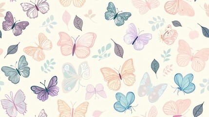 Soft pastel-colored butterflies and leaves, hand-drawn seamless floral pattern