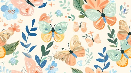 Whimsical pastel butterflies and flora with leaves, hand-drawn seamless design