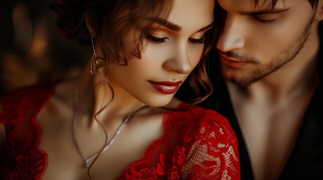 beautiful girl with red lips while embracing boyfriend : Generative AI