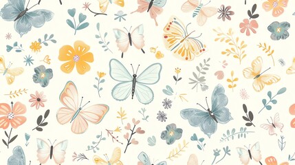 Naklejka premium Whimsical seamless pattern of hand-drawn butterflies, flowers, and leaves in pastel colors