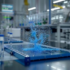 Blue liquid splashing on a laboratory table, creating a dramatic spray and droplets.  A visual representation of scientific exploration.