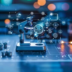 A microscope with futuristic digital interface, representing innovation and scientific advancement.