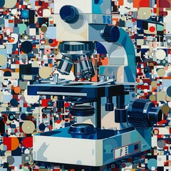 A microscope stands out against a vibrant, abstract background of geometric shapes.
