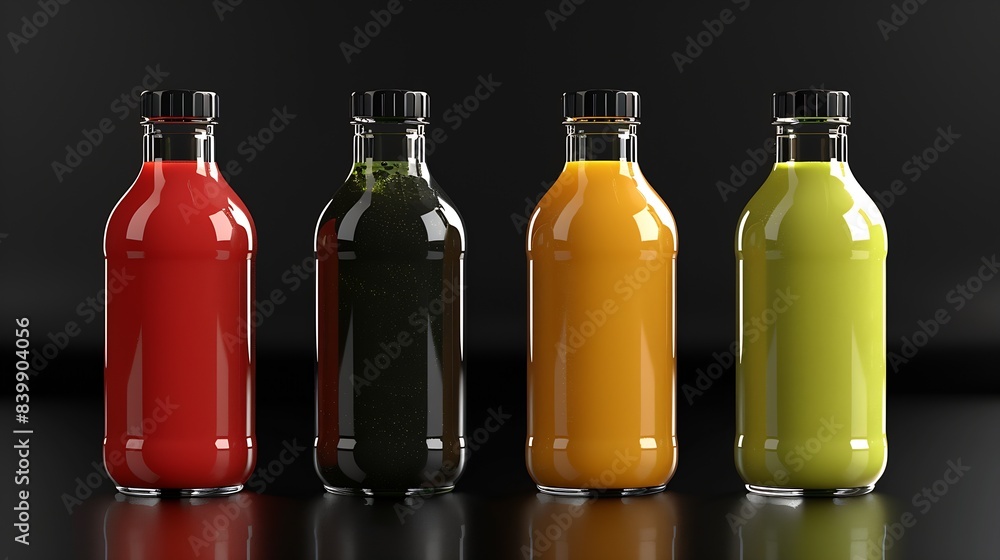 Poster 4 juice bottles with black label no name : Generative AI
