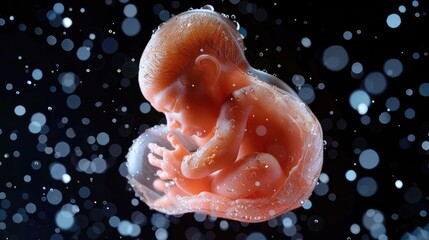 Close up of a human fetus at the early stage of development in the womb, surrounded by amniotic fluid, with a dark background.