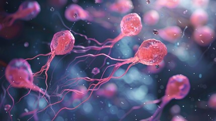 Microscopic view of vibrant pink and purple microorganisms floating in a fluid environment, representing scientific and biological studies.