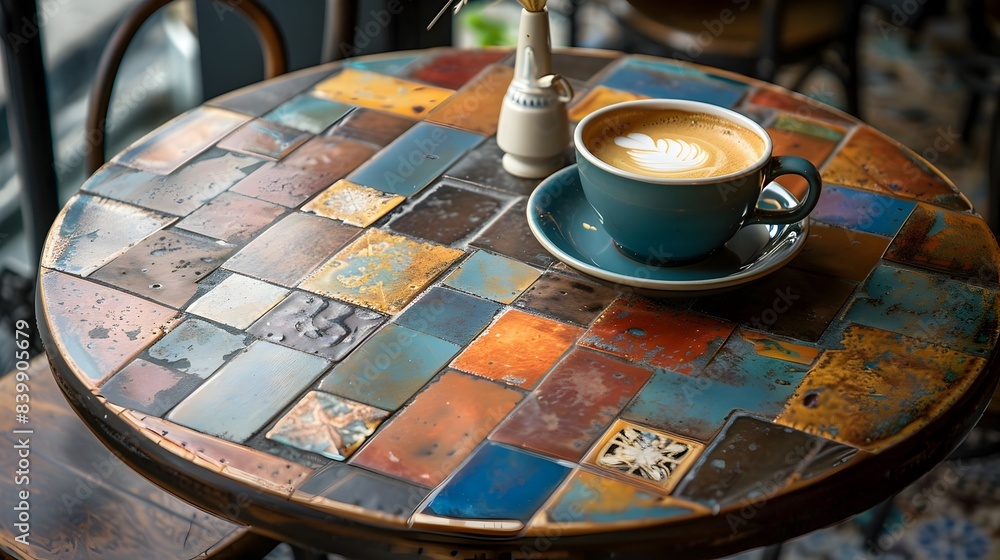 Poster charming tiled caf table with styled household items and copy space