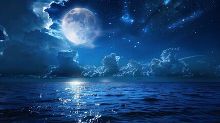 Fototapeta premium Romantic Moon With Clouds And Starry Sky Over Sparkling Blue Water, generative ai