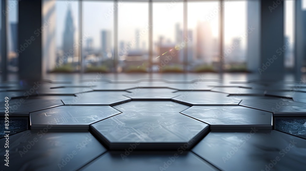 Poster hexagonal patterned table in sleek high tech office setting for product display