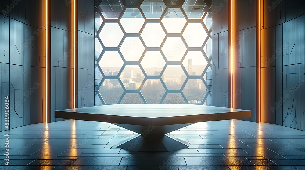 Poster hexagonal patterned modern table in high tech office setting for product display concept