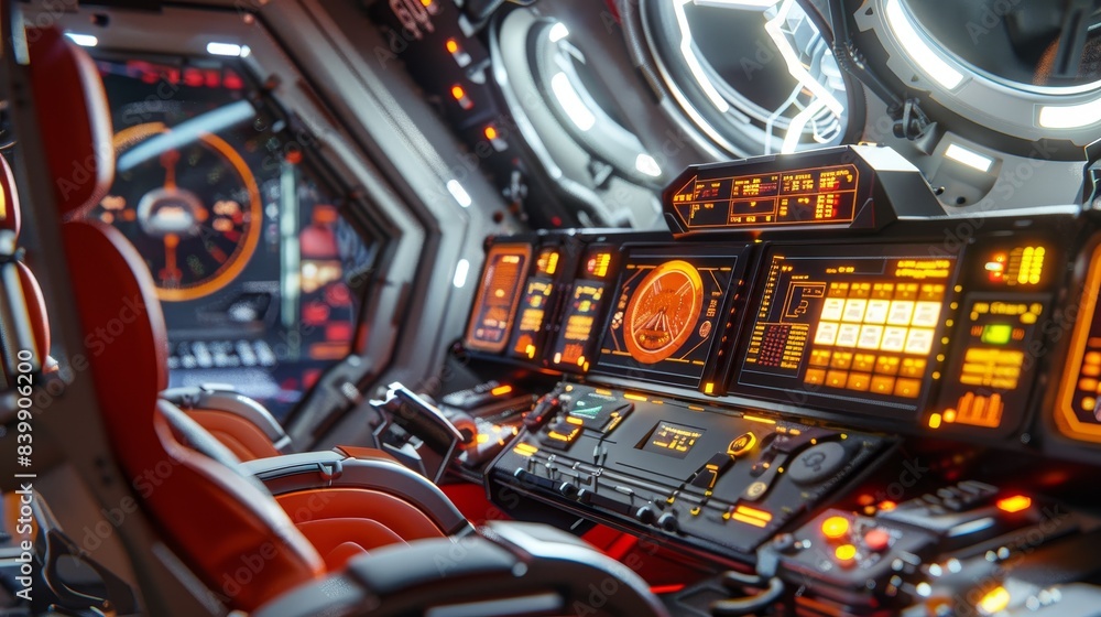 Poster a futuristic space shuttle cockpit with a large screen in the center. the controls are in the foregr