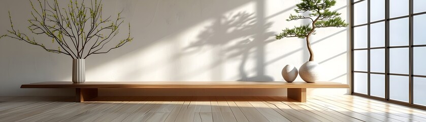 Minimalist Japanese Zen Room with Floating Wooden Table for Calm Product Display