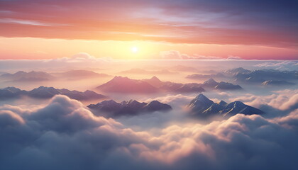 Obraz premium sun rising over clouds and mountains, generative ai