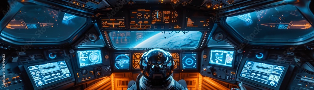 Poster a futuristic space shuttle cockpit with a large screen in the center. the controls are in the foregr
