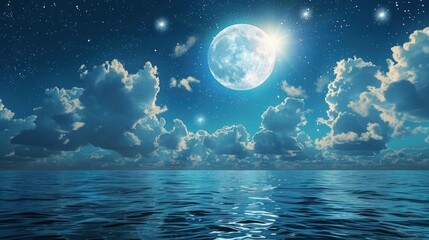 Romantic Moon With Clouds And Starry Sky Over Sparkling Blue Water, generative ai