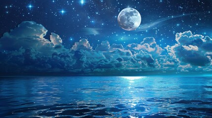 Romantic Moon With Clouds And Starry Sky Over Sparkling Blue Water, generative ai