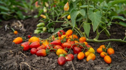 red cherry tomatoes and orange sweet peppers on the ground generative ai