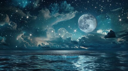 Fototapeta premium Romantic Moon With Clouds And Starry Sky Over Sparkling Blue Water, generative ai