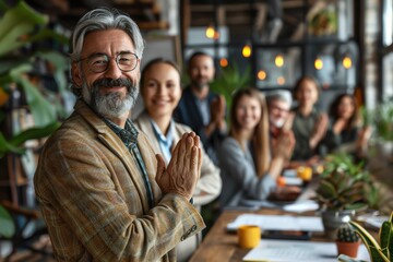 Obraz premium A group of colleagues giving a standing ovation to a presenter in a modern boardroom