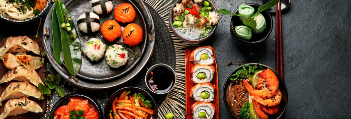 Traditional Japanese food dishes served on the table.