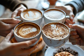 A group of colleagues toasting with coffee mugs to celebrate a milestone in a cozy break room