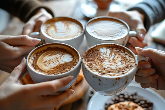 A group of colleagues toasting with coffee mugs to celebrate a milestone in a cozy break room