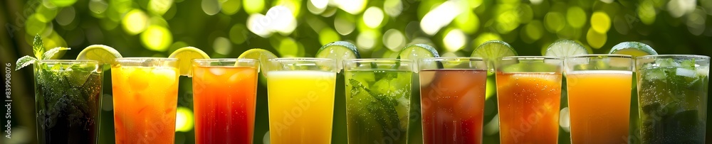 Poster 8 refreshing glass cups of juice. surrounded by sugarcane. with a greenscreen background : generativ
