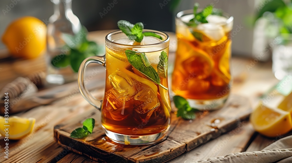 Aufkleber glass of ice lemon tea with mint : generative ai