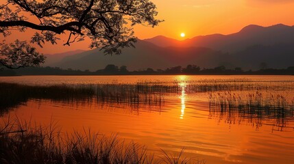 Sunset Symphony: Nature's Finesthour, painted in Orange Red and Golden Yellow, casting a Soft Golden Glow, Lakes and Rivers Shimmering, Mysterious Castles in the Fading Light, Wheat Ears Swaying in th