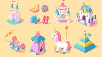 Isometric set of fairytale castle, unicorn and other magical elements for kids design.