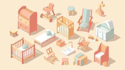 Isometric set of nursery furniture and accessories for baby.