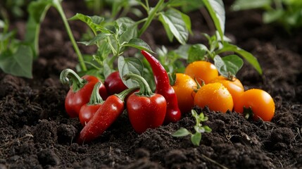 red chili peppers and orange habaneros in the garden soil generative ai