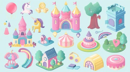 Cute cartoon set of fairytale elements: castle, unicorn, rainbow, carousel, tree and more.