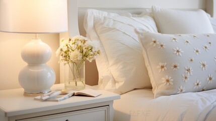 A white vase with yellow flowers sits on a nightstand next to a lamp. The scene is peaceful and calming, with the flowers adding a touch of natural beauty to the room