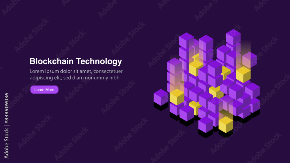 Poster blockchain and big data storage: digital technology concept - perspective modern data cube, edge com