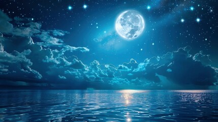 Romantic Moon With Clouds And Starry Sky Over Sparkling Blue Water, generative ai