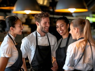 culinary staffs happily talking together, servers, hosts, food runners, team spirit, restauran : Generative AI