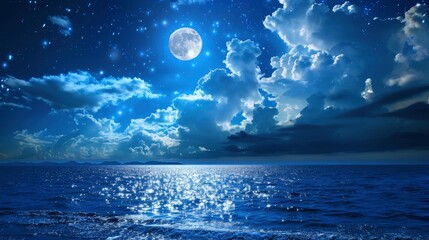 Romantic Moon With Clouds And Starry Sky Over Sparkling Blue Water, generative ai