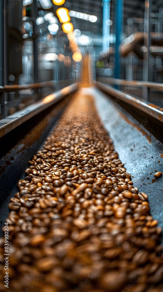 Poster large scale industrial coffee production in a factory setting with automated processing and packagin